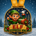Festive elf and steam train Elf Express 10K medal