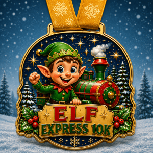 Festive elf and steam train Elf Express 10K medal
