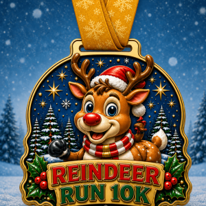 Festive reindeer medal with Christmas ribbon and winter scene