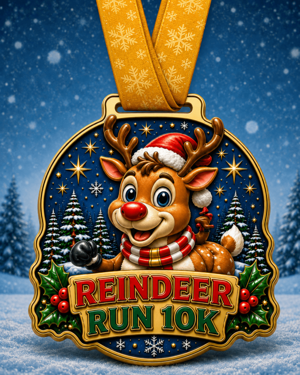 Reindeer Run 10k Medal Festive reindeer medal with Christmas ribbon and winter scene