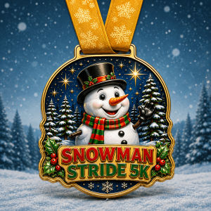 Snowman Stride 5K medal with festive winter design