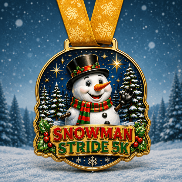 Snowman Stride 5K medal with festive winter design