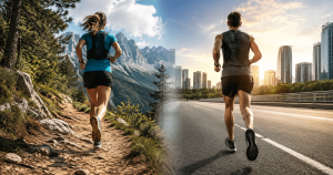 Trail runner and city runner in contrasting landscapes