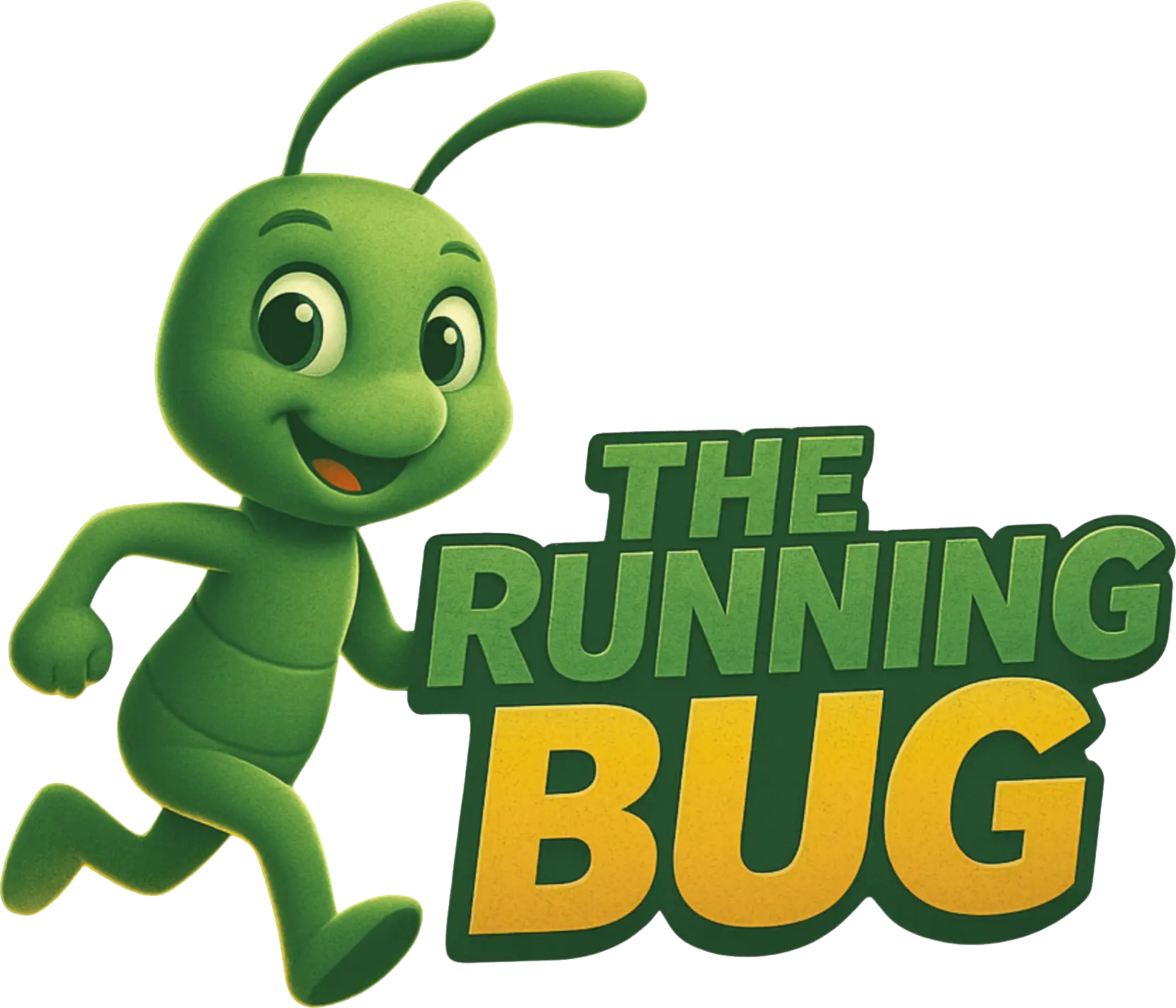 Smiling green bug mascot beside 'The Running Bug' logo