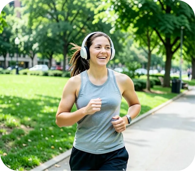 Smiling woman jogging with headphones in a leafy park